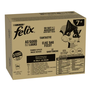 Schachtel mit Purina Felix Katzenfutter, die eine verspielte Katze auf der Vorderseite zeigt, beschriftet mit "Gemischte Auswahl in Gelee", mit verschiedenen Geschmacksrichtungen und Nährwertangaben.