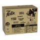 Doos Purina Felix kattenvoer met een speelse kat op de voorkant, gelabeld "Gemengde selectie in gelei," met verschillende smaken en voedingsclaims.