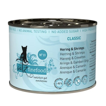 Dosenfutter für Katzen "Catz Finefood Classic No. 13" mit Hering und Garnelen; getreidefrei, ohne Zuckerzusatz, ohne Tierversuche.