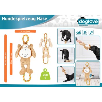 Ein verspieltes Hundespielzeug in Form eines Kaninchens, mit einem strukturierten Körper und buntem Seil. Das Spielzeug ist 18 cm hoch und wiegt 200 g.