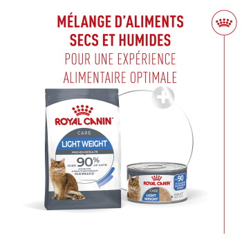 Sac et boîte Royal Canin Light Weight pour chat, titre en français 'MÉLANGE D'ALIMENTS SECS ET HUMIDES' et mention « PLUS DE 90 % »