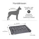 Hundebettmaße und Eignung für große Hunde, mit einem grauen Kissen im gepolsterten Design, das ungefähr 100 cm mal 85 cm misst.