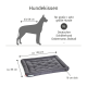 Hundebettmaße und Eignung für große Hunde, mit einem grauen Kissen im gepolsterten Design, das ungefähr 100 cm mal 85 cm misst.