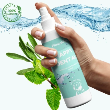 Happy Dental Kräuterspray für Hunde in einer weißen Flasche mit einem türkisfarbenen Etikett, das ein Zahn-Icon und Text in deutscher Sprache zeigt.