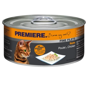 Dose mit Katzenfutter, die eine braune getigerte Katze zeigt, beschriftet mit 'Premiere. Ich liebe meine Katze,' mit 'Feine Filets Huhn' und 'in eigenem Saft.'