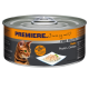Dose mit Katzenfutter, die eine braune getigerte Katze zeigt, beschriftet mit 'Premiere. Ich liebe meine Katze,' mit 'Feine Filets Huhn' und 'in eigenem Saft.'