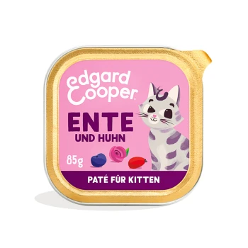 Edgard Cooper Kätzchen-Pâté in einem 85g Behälter mit goldener Verzierung, mit einer verspielten Katzenillustration und dem Text "Ente und Huhn."