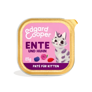 Edgard Cooper Kätzchen-Pâté in einem 85g Behälter mit goldener Verzierung, mit einer verspielten Katzenillustration und dem Text "Ente und Huhn."