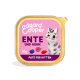 Edgard Cooper Kätzchen-Pâté in einem 85g Behälter mit goldener Verzierung, mit einer verspielten Katzenillustration und dem Text "Ente und Huhn."