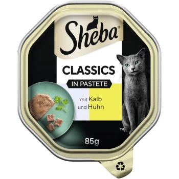 Sheba Classics Katzenfutter in Pastete, mit einer grauen Katze auf der Verpackung, mit dem Text 'mit Kalb und Huhn' und '85g'.