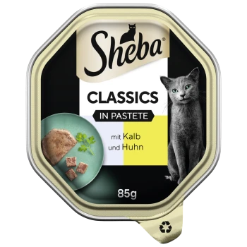 Sheba Classics Katzenfutter in Pastete, mit einer grauen Katze auf der Verpackung, mit dem Text 'mit Kalb und Huhn' und '85g'.