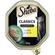 Sheba Classics Katzenfutter in Pastete, mit einer grauen Katze auf der Verpackung, mit dem Text 'mit Kalb und Huhn' und '85g'.