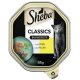 Sheba Classics Katzenfutter in Pastete, mit einer grauen Katze auf der Verpackung, mit dem Text 'mit Kalb und Huhn' und '85g'.