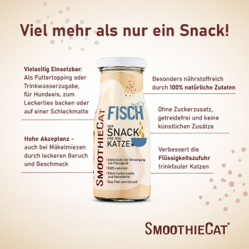 SmoothieCat Fisch‑Flasche für Katzen mit der Aufschrift „Fisch – Der Snack für jede Katze“ und der Überschrift „Viel mehr als nur ein Snack!“