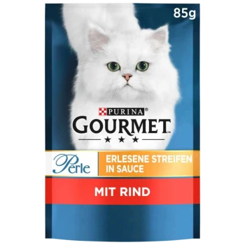 Purina Gourmet Katzenfutterbeutel mit einer weißen Katze auf blauem Hintergrund, beschriftet mit "Perle Erlesene Streifen in Sauce mit Rind," 85g.