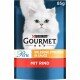 Purina Gourmet kattenvoer zakje met een witte kat op een blauwe achtergrond, gelabeld "Perle Erlesene Streifen in Sauce mit Rind," 85g.