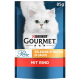 Purina Gourmet Katzenfutterbeutel mit einer weißen Katze auf blauem Hintergrund, beschriftet mit "Perle Erlesene Streifen in Sauce mit Rind," 85g.