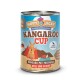 Dose von Happy Jacky Hundefutter "Känguru Cup", mit einem Cartoon-Känguru im Umhang und Zutaten: Känguru, Pastinake, Apfel, Quinoa. Hypoallergen.