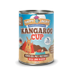 Dose von Happy Jacky Hundefutter "Känguru Cup", mit einem Cartoon-Känguru im Umhang und Zutaten: Känguru, Pastinake, Apfel, Quinoa. Hypoallergen.