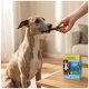 Gestromter Hund nimmt einen Dental-Kausnack aus der Hand, Schachtel mit 'MultiFit Dental Care'-Sticks auf dem Tisch sichtbar.