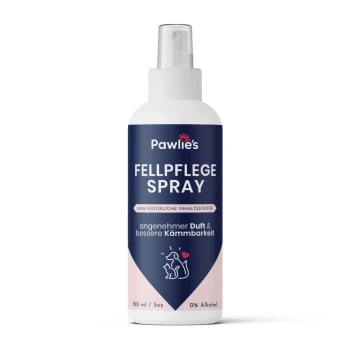 Pawlie's Fellpflege Spray, 150 ml, mit einem marineblauen Etikett, das "100% natürliche Inhaltsstoffe" und "angenehmer Duft" angibt.