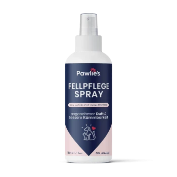 Pawlie's Fellpflege Spray, 150 ml, mit einem marineblauen Etikett, das "100% natürliche Inhaltsstoffe" und "angenehmer Duft" angibt.