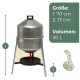 Verzinkter Geflügeltränker 30 L auf Stativ mit Auffangschale, beschriftet 'Größe: 1: 70 cm 2: 17 cm Volumen: 30 L'