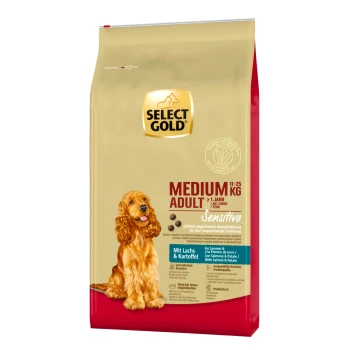 Hundfutterbeutel mit einem goldenen Cocker Spaniel, beschriftet "Select Gold Medium Adult Sensitive" mit Lachs- und Kartoffelzutaten.