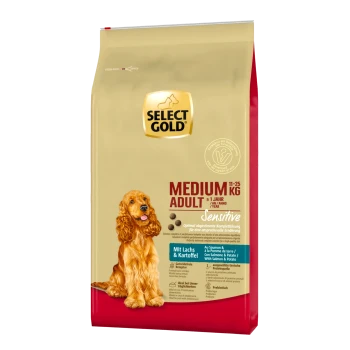 Dog food bag featuring a golden cocker spaniel, labeled "Select Gold Medium Adult Sensitive" with salmon and potato ingredients.