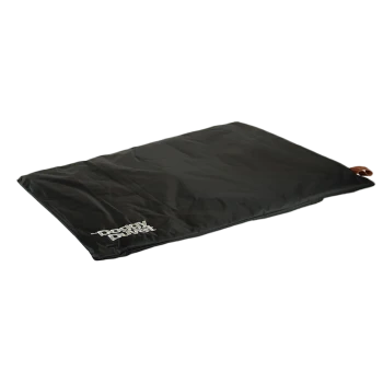 Schwarze Haustiermatte mit einem Ledergriff, mit dem Text "Doggy Duvet" in Weiß.