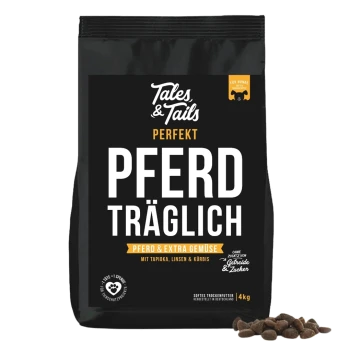 Schwarze Tüte Tales & Tails Perfekt Pferd Träglich Hundefutter mit Pferd und Gemüse, 4kg, deutscher Text.