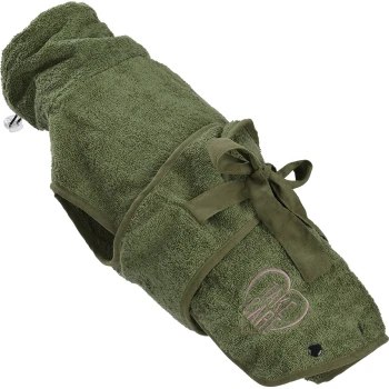 Green pet towel with a hood, featuring a bow and the text "TAKE CARE" in a heart design. Soft, absorbent fabric.