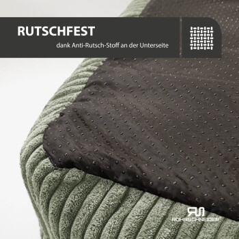 Grünes Haustierbett mit einer strukturierten Oberfläche und einer schwarzen rutschfesten Unterseite, mit dem Text "RUTSCHFEST" und dem Markenlogo.