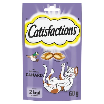 Emballage de friandises pour chats de la marque 'Catifications', avec un chat et un canard en dessin animé, saveur 'au délicieux canard', 60g, moins de 2 kcal par friandise.
