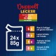 Doppelt Lecker Tiernahrung Verpackung mit 24 x 85g Gelee-Portionen. Geschmäcker: Rind & Geflügel, Lamm & Huhn, Truthahn & Ente, Schwein & Wild.