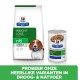 Hill's Prescription Diet Gewichtsverlies hondenvoer zak en blik, gelabeld "Door dierenartsen aanbevolen" en "Probeer onze heerlijke varianten."