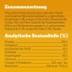 Zutaten und analytische Bestandteile von Tierfutter auf Deutsch, einschließlich Protein 25 %, Fett 4 %, Faser 2 %, Omega-3 421 mg/kg, Energie 295 kcal/100g.