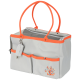 Grau tragbare Haustiertasche mit orangefarbenen Griffen, Netzoberseite und floralem Pfotenabdruckdesign, mit zwei Fronttaschen und einem abnehmbaren Beutel.