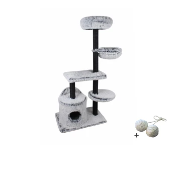 Katzenbaum mit mehreren Plattformen und einem gemütlichen Versteck, mit weichem grauem Stoff und zwei enthaltenen Spielbällen.