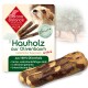 Verpackung eines natürlichen Olivenholz-Hundekauartikels mit einem kleinen Hund, beschriftet mit "Kauholz aus Olivenbaum, Größe L," mit Produktdetails.