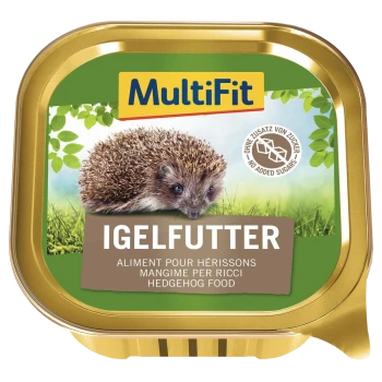MultiFit hedgehog food tray labeled 'IGELFUTTER' with hedgehog on grass and 'No added sugars' seal