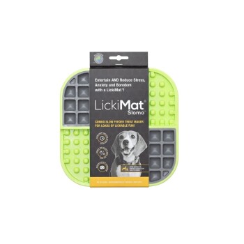 LickiMat Slomo, a green and gray combo slow feeder treat maker for dogs, designed to entertain and reduce stress.