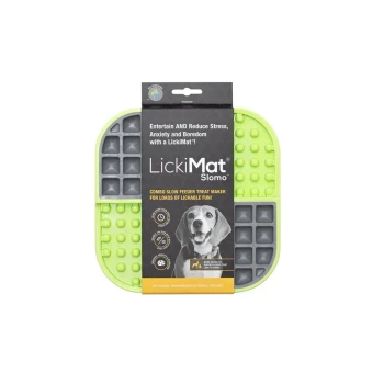 LickiMat Slomo, a green and gray combo slow feeder treat maker for dogs, designed to entertain and reduce stress.