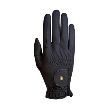 Schwarze Haustierpflegehandschuh mit strukturiertem Oberflächen und elastischem Handgelenk, mit einem kleinen Logo am Handgelenkband.
