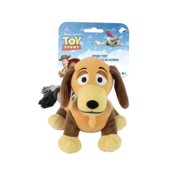 Toy Story Slinky Dog plush rope pet toy — brown/tan Slinky with black nose; packaging shows Toy Story logo, Buzz and Woody.