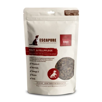 Eine Tüte ESCAPURE Hundeleckerlis zur Haut- und Fellpflege, mit Rindfleisch und Symbolen für Vitamin E, Bierhefe, Omega-3, Biotin und Zink.