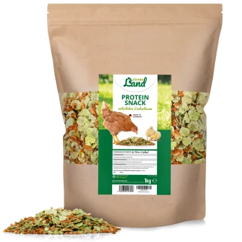 1kg Beutel "Hühner Land Protein Snack" für Hühner, mit einer bunten Mischung aus natürlichen Zutaten und Hühnerillustrationen auf dem Etikett.