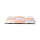 A soft, rectangular pet bed featuring a pastel color scheme of pink, light blue, and cream, with a heart design stitched on one side.