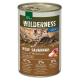 Dose mit Real Nature Wilderness Katzenfutter "Wide Savannah" mit einem Bild von einer Wildkatze, enthält 97% Lamm und Wildschwein, 3% Früchte, keine Getreide.
