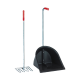 Ein Set zur Abfallentsorgung für Haustiere mit einer Metallschaufel und einer schwarzen Plastikkelle sowie einem Metallrechen, beide mit roten Gummigriffen.